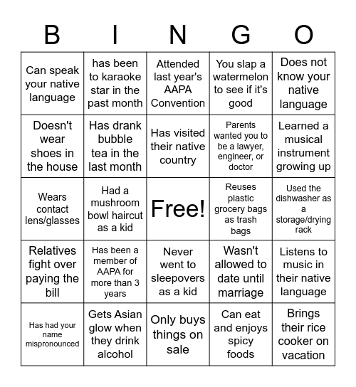 AAPA Bingo Card