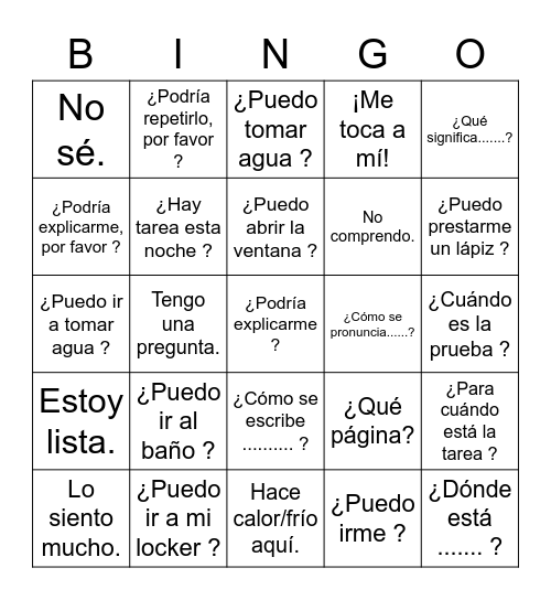 Frases útiles en la clase de español Bingo Card