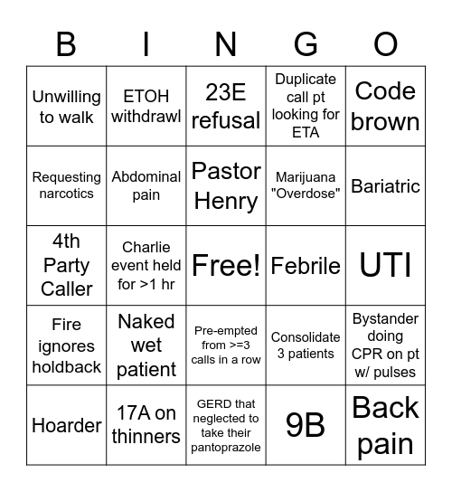 Calgary EMS Bingo Card