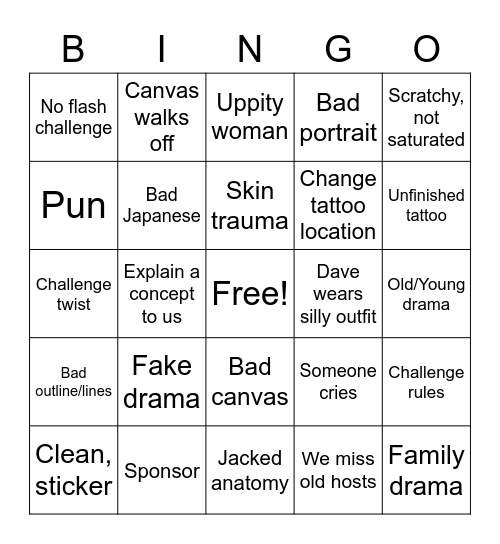 Ink Master Bingo Card