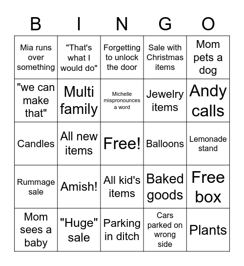 Chelle Yard sale Bingo Card