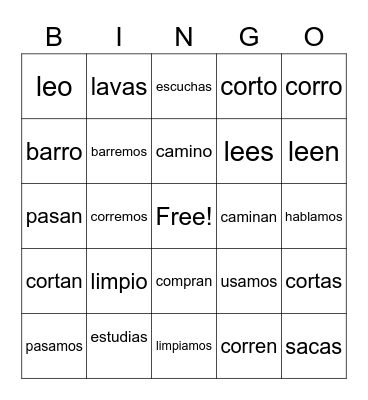 AR, ER, IR Spanish Verbs Bingo Card