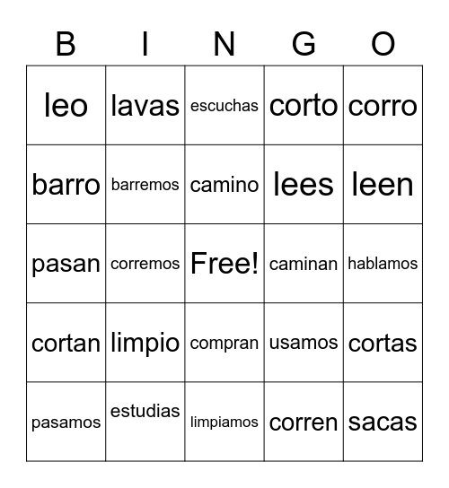 AR, ER, IR Spanish Verbs Bingo Card