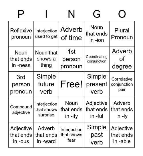 PINGO Bingo Card