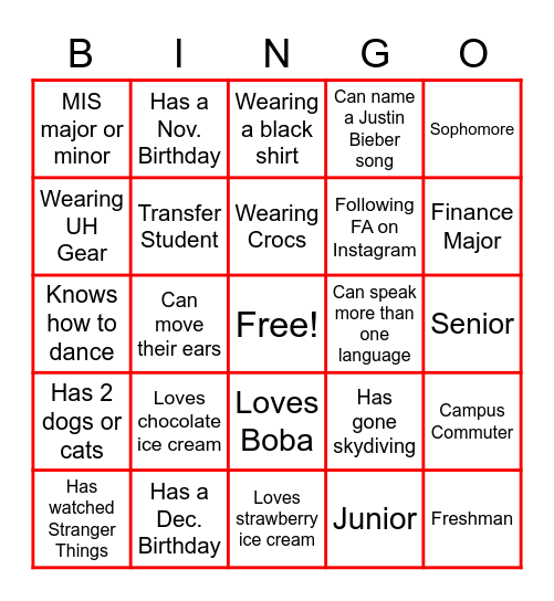 Finance Association Bingo Card