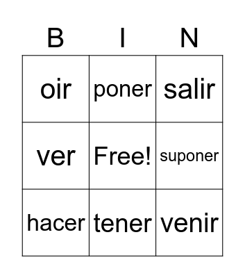Irregular YO Verbs Bingo Card
