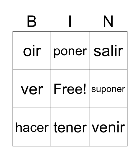 Irregular YO Verbs Bingo Card