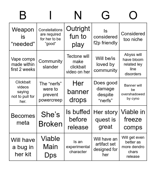 Nilou build up and release bingo Card