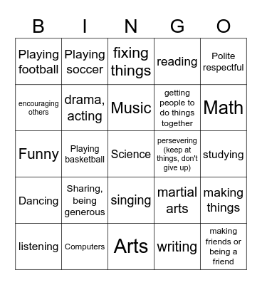 Things you are good at  or love to do Bingo Card