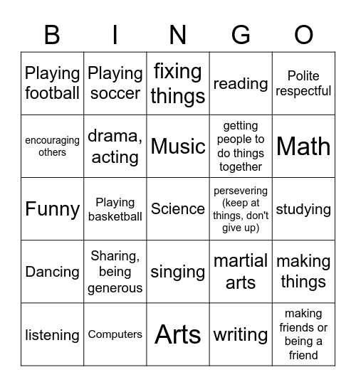 Things you are good at  or love to do Bingo Card