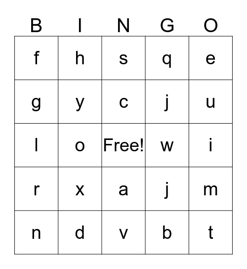 Letter Naming/Letter Sounds Bingo Card