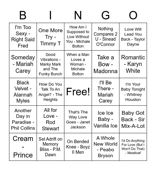 90's U.S.A Chart Toppers Bingo Card