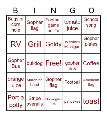 Gopher Bingo Card
