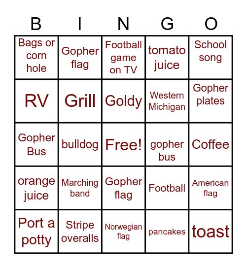 Gopher Bingo Card