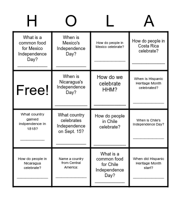 Hispanic Heritage Month Celebration BINGO Card