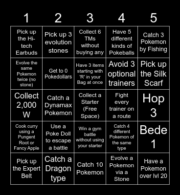 Sword and Shield Lockout Bingo Card