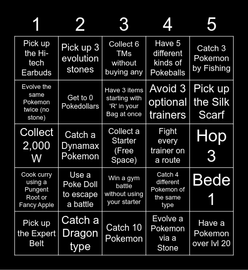 Sword and Shield Lockout Bingo Card