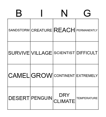 HOT AND COLD PLACES Bingo Card