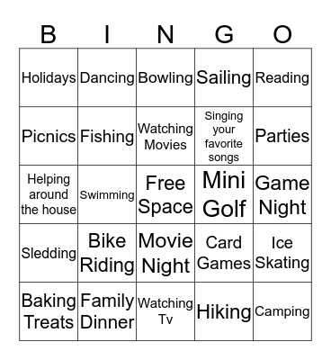 Family Activities Bingo  Bingo Card