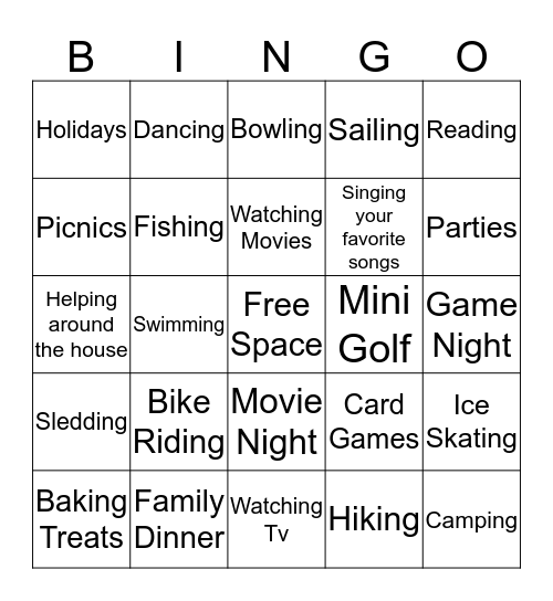 Family Activities Bingo  Bingo Card