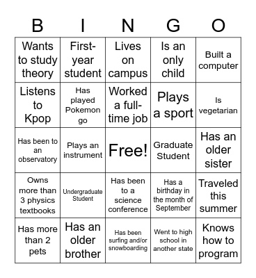 Women in Physics Bingo Card