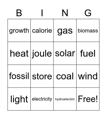 Energy and Changes Bingo Card