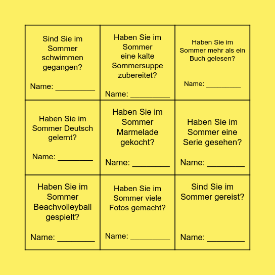 Bingo-Spiel "Sommer" Bingo Card