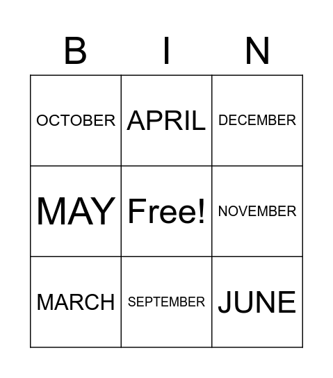 MONTHS Bingo Card