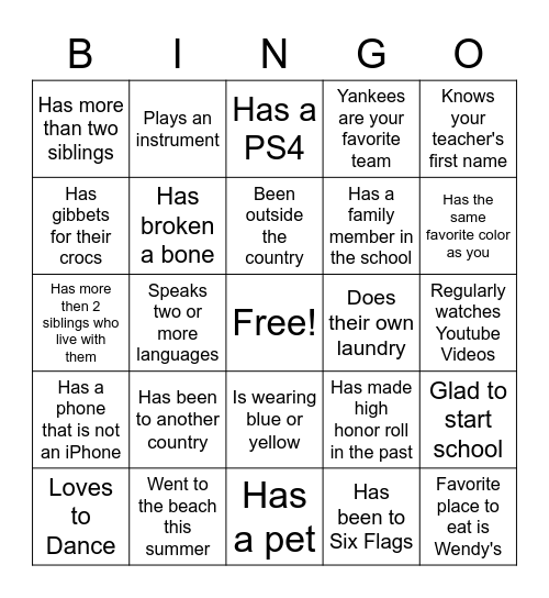 First Day of School Bingo Card