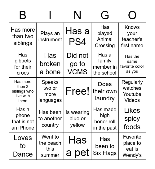 First Day of School Bingo Card