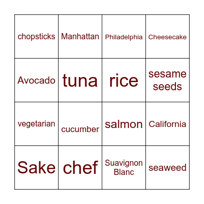 Sushi Night Bingo Card