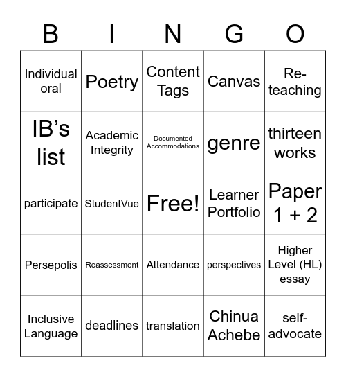 IB Lit Syllabus Bingo Card IB Lit Syllabus Bingo Card