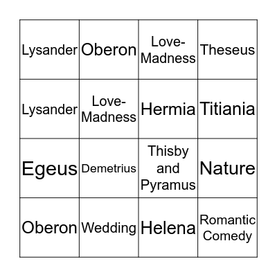 A Midsummer Night's Dream Bingo Card