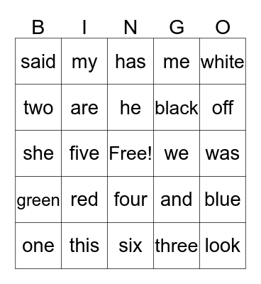 Sight Words Bingo Card