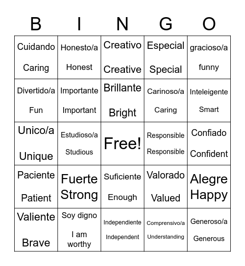 Spanish Affirmation Words Bingo Card