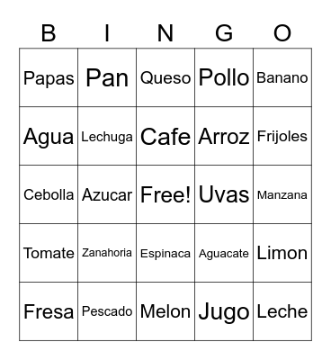 Foods in Spanish Bingo Card