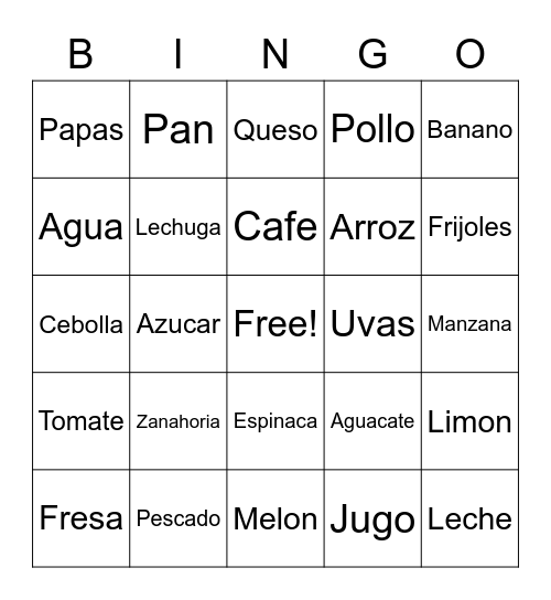 Foods in Spanish Bingo Card