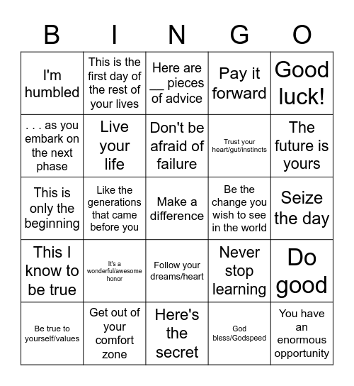 Commencement Speech Bingo Card