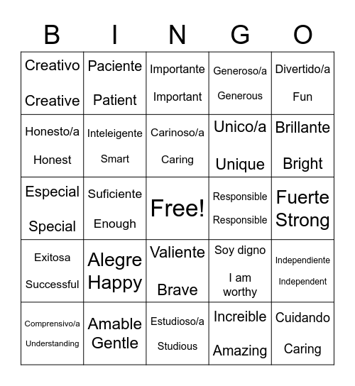 Spanish Affirmation Words Bingo Card