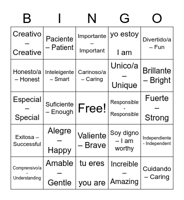 Spanish Affirmation Words Bingo Card