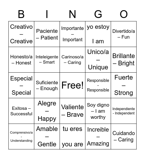 Spanish Affirmation Words Bingo Card