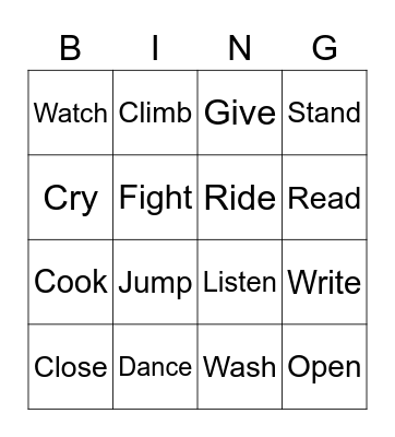Action Verbs Bingo Card
