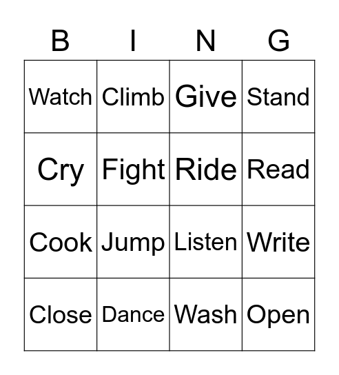 Action Verbs Bingo Card