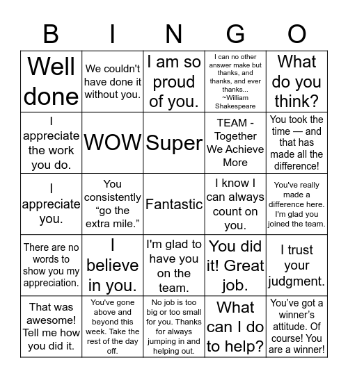 Words of appreciation that motivate and inspire. Bingo Card