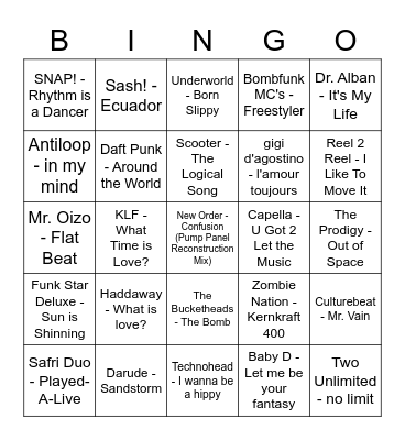 90's Dance - Music Bingo Card