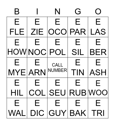 E Call Numbers Bingo Card