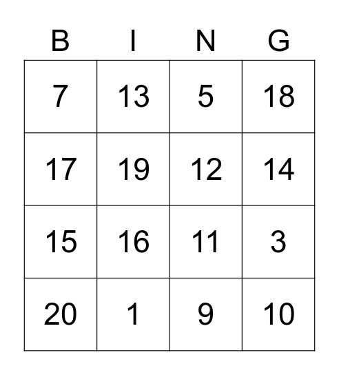 Zahlen bis 20 Bingo Card