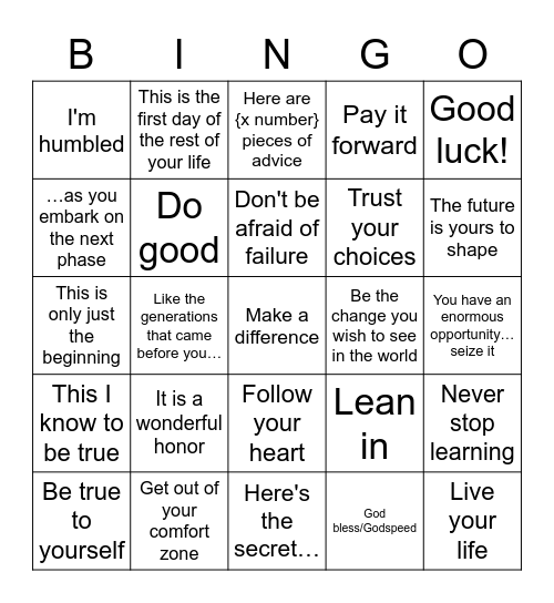 Graduation Bingo Card