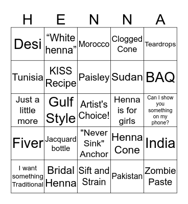 Henna Con Bingo Card