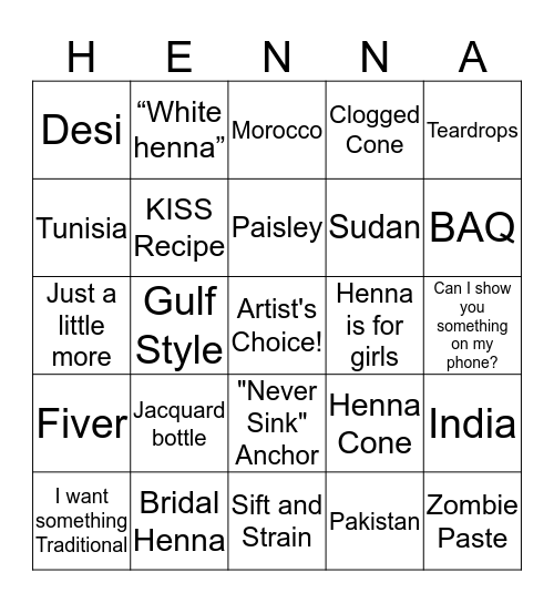 Henna Con Bingo Card